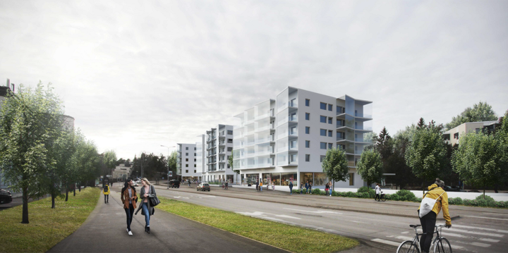 Havainnekuva uudistuvasta Haukilahden keskustasta Haukilahdenkadulta katsottuna. Kuva: ArkkitehditNRT
