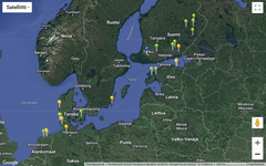 Turun yliopiston ja Luonnonvarakeskuksen GPS-lähetinhanhien sijoittumiset 9.5.2023. Teknisten ongelmien vuoksi Lajitietokeskuksen sivulle ei saada päivitettyä GPS-lähetinhanhien liikkeitä. Kuva © Google Maps, Pohjois-Karjalan ELY-keskus.