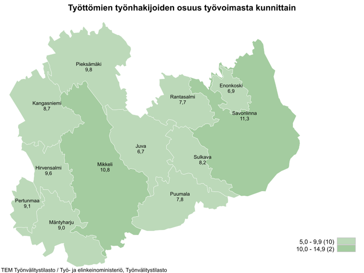 Kartalla työttömien työnhakijoiden osuus työvoimasta kunnittain Etelä-Savossa heinäkuun 2023 lopussa.