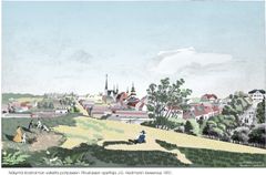 Näkymä Korsholman valleilta pohjoiseen. Esko Aromaa. Alkuperäinen on piirustuksen opettaja J.G. Hedmanin laveeraus 1851. Kuva: Pohjanmaan museon kuva-arkisto.