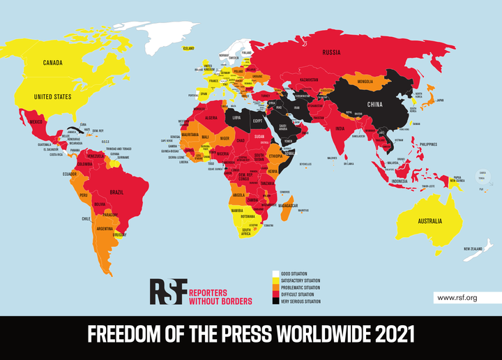 Toimittajat ilman rajoja -järjestön vuosittain julkaisema World Press Freedom Index mittaa lehdistönvapautta 180 eri maassa ja alueella. Indeksin mukaan toimittajien kohtaama väkivalta on lisääntynyt koronapandemian myötä.