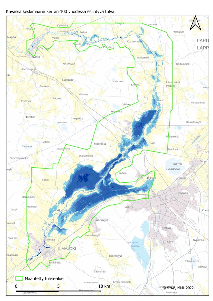 Kyrönjoen yläosan pengerrysalueiden tulvavaarakartta keskimäärin kerran 100 vuodessa toistuvalla tulvalla.