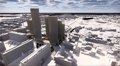 Ilmaperspektiivi pohjoisesta eteläänpäin kohti keskustaa. Helsinki High-rise virtuaalimalli/ L&M Arkkitehtien kilpailuehdotus 'Trigoni', VR-esitys: Tietoa Finland Oy.