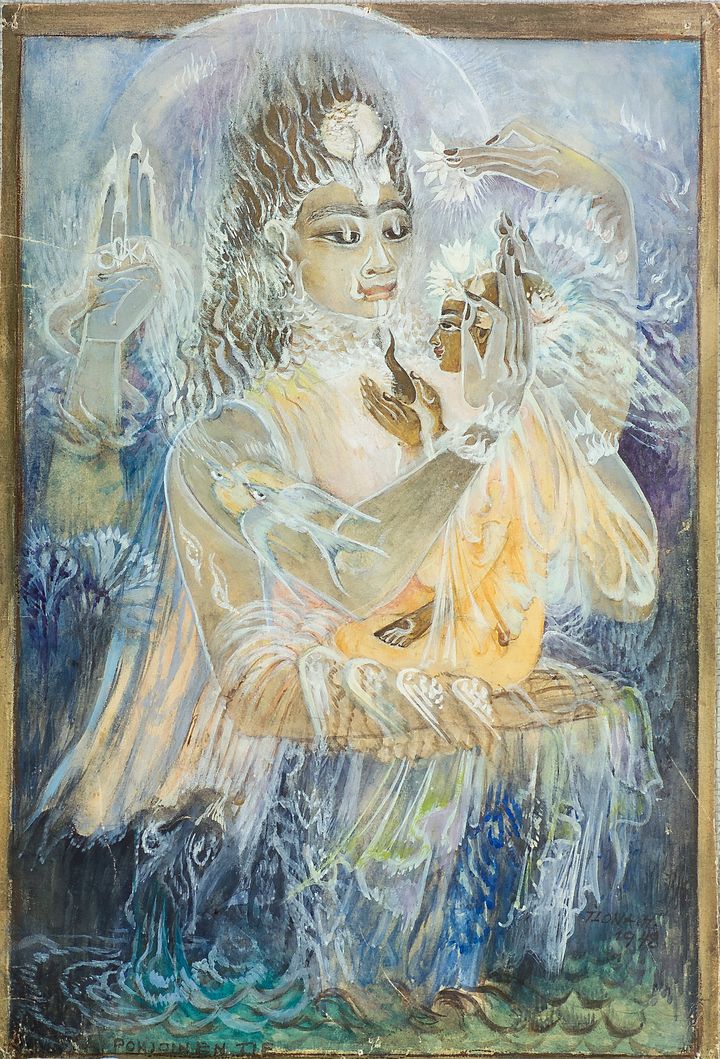 Ilona Harima: Den norra vägen, 1948, gouache på papper, limmad på fanér, 32 x 22 cm, Villa Gyllenberg / Signe ja Ane Gyllenbergs stiftelses samling. Foto: Matias Uusikylä / Signe ja Ane Gyllenbergin säätiö.