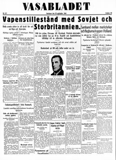 Vasabladet uutisoi 20.9.1944 edellisenä päivänä solmitusta aselevosta. Sopimuksen ehdot olivat ankarat.