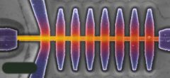 Väritetty elektronimikroskooppikuva bolometrista. Kuvan vasemmassa alakulmassa oleva ovaalin muotoinen tumma kohta esittää 1.3 mikrometriä pitkää ralstonia mannitolilytica -bakteeria. Kuva: Roope Kokkoniemi/Aalto-yliopisto.