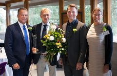 Kuvassa vasemmalta: Espoon kaupunginjohtaja Jukka Mäkeä, Espoo Ambassador 2018 Ahti Salo, Visit Espoon kongressipäällikkö Miikka Valo ja Aalto-yliopiston provosti Kristiina Mäkelä.