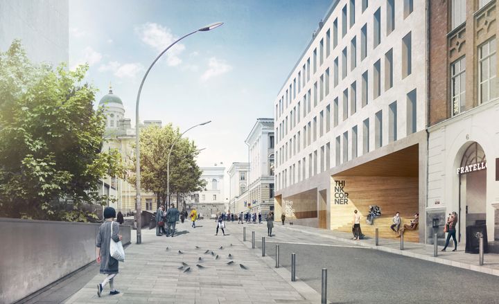 Havainnekuva Yliopistonkadulta Senaatintorin suuntaan. Kuva JKMM Arkkitehdit.