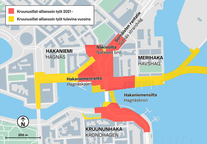 Työmaiden laajuus Siltavuorensalmen ympärillä.