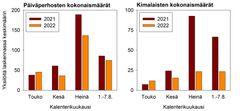 Laskennoissa keskimäärin havaitut päiväperhosten ja kimalaisten kokonaismäärät kuukausittain vuosina 2021 ja 2022. Elokuun osalta mukana on vain ensimmäinen viikko. Kesäkuusta alkaen etenkin kimalaisten määrät ovat olleet tuntuvasti edellisvuotista alhaisempia.