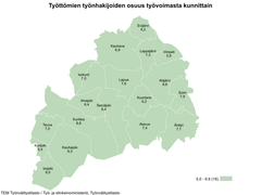 Maakunnan alhaisimmat työttömien työnhakijoiden osuudet olivat Vimpelissä (5,9 %), Isojoella (6,0 %), Evijärvellä (6,2 %) ja Kuortaneella (6,2 %).