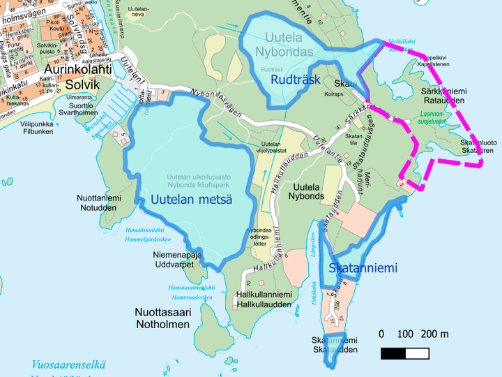 Uutelan uudet perustettavat luonnonsuojelualueet ja Särkkäniemen luonnonsuojelualue. Luontotieto Keiron Oy, Susanna Pimenoff. Pohjakartta © Helsingin kaupunki 2021.