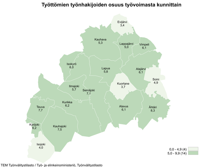 Maakunnan alhaisimmat työttömien työnhakijoiden osuudet olivat Evijärvellä (3,4 %), Kuortaneella (3,7 %) ja Isojoella (4,0 %).