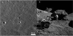 Kuva 1. Irtolohkareita Kuussa. (a) Kuulohkareita Apollo-17:n laskeutumispaikan läheisyydessä. Ne vierivät alas North Massifia jälkiä jättäen. Osa LROC NAC -kuvaa M134991788R, valaistus vasemmalta. (b) Kuvan (a) keskellä näkyvä suurin lohkare, näkymä lännestä, Geologi-astronautti Jack Schmitt kuvassa mittakaavana. Apollo-17-kuva AS17-146-22294.