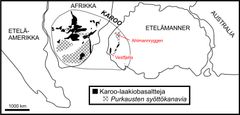 Karoon laakiobasalttien jäänteet rekonstruoidulla Gondwana-jättiläismantereella. Nyt tutkitut näytteet on kerätty Ahlmannryggenin vuorijonosta, aikaisemmat suomalaisten tutkimukset ovat keskittyneet Vestfjellalle. (Kuva: Jussi Heinonen/Luomus)