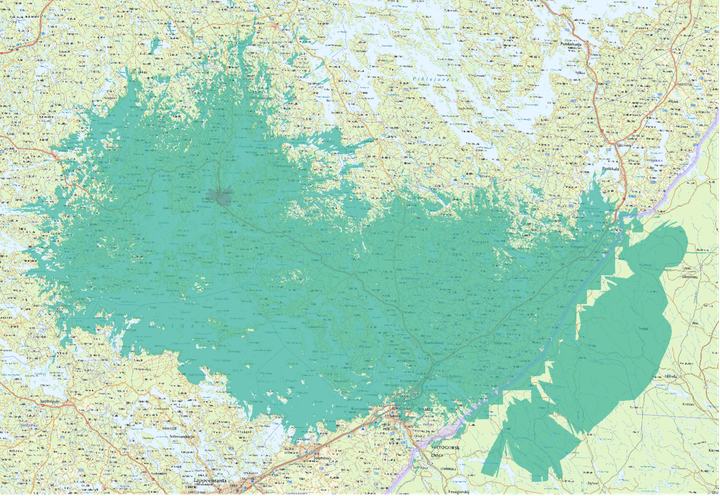 Kuvassa vaaleampi vihreä väri kuvaa matalamman taajuuden 5G-peittoa, ja tummempi vihreä erityisen nopeaa, 3.5 GHz:n taajuudella toimivaa 5G-verkkoa. Samalla myös 4G-verkko paranee koko vihreäksi merkityllä alueella.