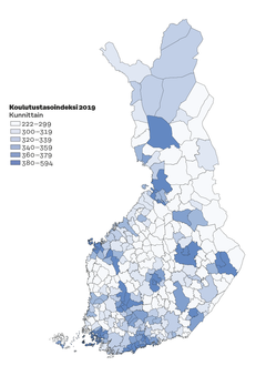 Utbildningsnivå per kommun 2019. Utbildningsnivåindexet visar det genomsnittliga antalet år för den högsta avslutade utbildningen efter grundnivå per capita bland befolkningen över 20 år i varje region 2019. I indexet motsvarar ett år 100 poäng. Bild: Sitra och MDI.