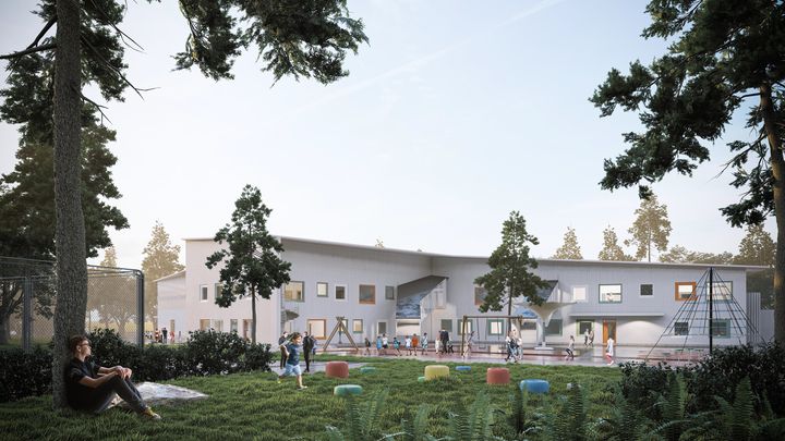 Kuopion Riistavedelle vuonna 2023 valmistuva lähipalvelukeskus yhdistää joustavalla tavalla koulun, kirjaston, kansalaisopiston, nuorisotilat ja kuntosalin. Kuvassa kehitysvaiheen visio tiloista. Kuva: Jalon & Sweco Architects