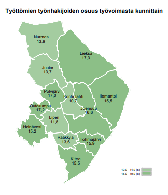 Työttömien työnhakijoiden osuus työvoimasta kunnittain, heinäkuu 2021.