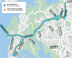 Kruunusillat-raitiotien rakennustyöt ja pysäkit Laajasalossa.