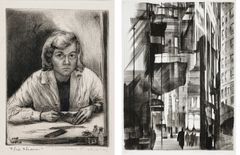 Tuulikki Pietilä: The Etcher (1945). Finnish National Gallery/Ateneum Art Museum, Tuulikki Pietilä Collection. Photo: Finnish National Gallery/Ainur Nasretdin. /// Tuulikki Pietilä: City VIII (1975). Finnish National Gallery/Ateneum Art Museum, Tuulikki Pietilä Collection. Photo: Finnish National Gallery/Ainur Nasretdin.