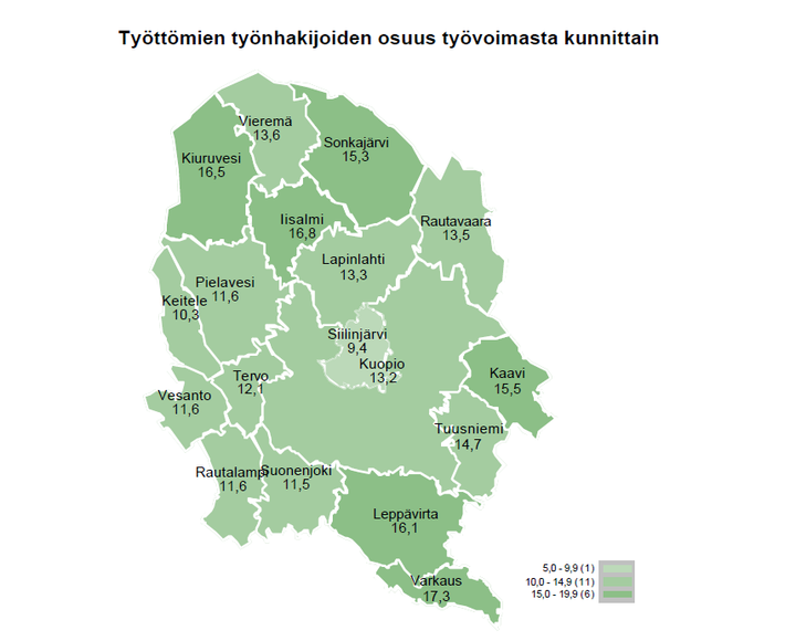 Työttömien työnhakijoiden osuus työvoimasta kunnittain Pohjois-Savossa.