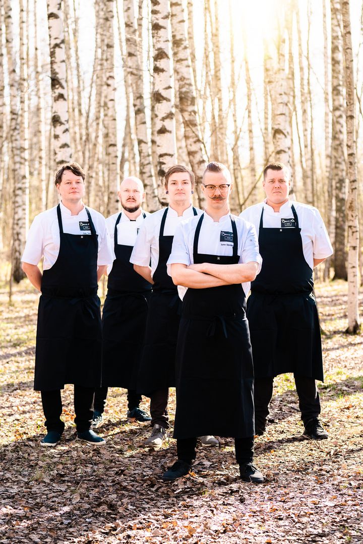 Suomen Bocuse d'Or joukkue Euroopan osakilpailuissa Torinossa 2018. Valmentaja Kalle Tanner, presidentti Matti Jämsen, assistentti Johan Kurkela, edustaja Ismo Sipeläinen, valmentaja Eero Vottonen