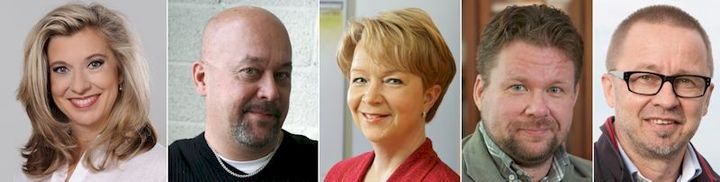 Käännöstoimisto Isiksen uuden Äänensävy-blogin kirjoittajia ovat Clarisse Berggårdh (vas.), Anssi Järvinen, Sirpa Kirjonen, Pasi Kivioja ja Matti Remes.
