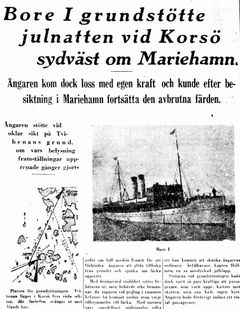 Åbo Underrättelser 27.12.1929, nr 353, s. 1
Bore I stötte på problem till sjöss julnatten 1929.
Källa: Nationalbibliotekets digitala samlingar digi.kansalliskirjasto.fi