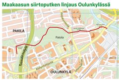 Karttakuva kaasuputken uudesta linjauksesta Oulunkylässä. Kuva: Tovia Design. Pohjakartta: © Kaupunkimittaus, Helsinki 2019