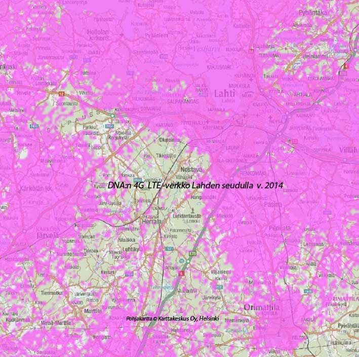 DNA:n 4G LTE -verkko Lahden seudulla v. 2014
