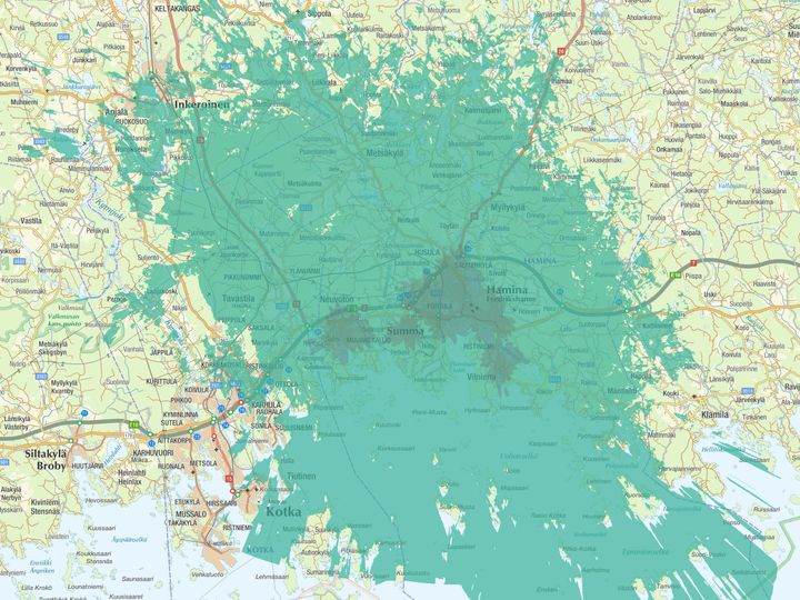 Kuvassa vaaleampi vihreä väri kuvaa normaalia 4G-/5G-peruspeittoa, ja tummempi vihreä erityisen nopeaa, 3,5 GHz:n taajuudella toimivaa 5G-verkkoa.