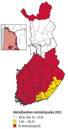 Metsähanhen metsästysalueet ja -aika.