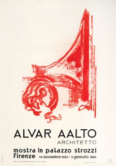Julisteen punaliituluonnos esittää Alvar Aallon arkkitehtitoimiston kaarevaseinäistä ateljeerakennusta, joka valmistui Helsinkiin 1954–1955. Piirros on todennäköisesti hahmoteltu julistetta varten näyttelynteon yhteydessä. Kuva: Alvar Aalto -säätiö.