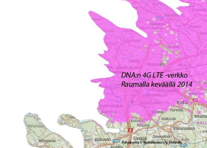 DNA:n 4G LTE -verkko Raumalla keväällä 2014
