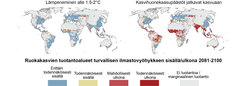 Tutkijat käyttivät tutkimuksessaan kahta ilmastonmuutoksen skenaariota: toisessa hiilidioksidipäästöjä vähennetään niin, että lämpeneminen pysyy alle kahdessa asteessa ja toisessa päästöt jatkavat kasvuaan. Kuva: Tutkimusryhmä