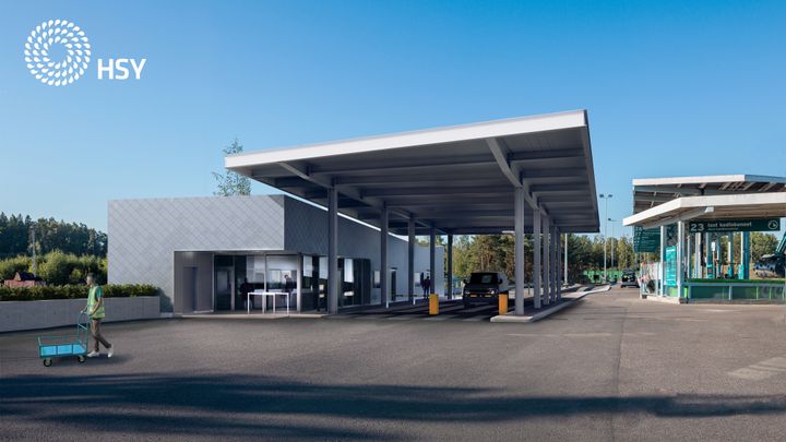 Kuvassa näkyy tulevan asiakasinfopisteen havainnekuva. Infopiste siirtyy remontin yhteydessä lähemmäs sisäänajoa. Rakennusten julkisivuissa käytetään Kiasmasta purettua sinkkipeltiä. Kuva: Arkkitehtitoimisto Virkkunen & Co.
