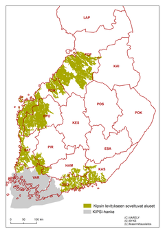 Kartta: Kipsin levitykseen soveltuvat alueet (vihreä) ja Kipsi-hankkeen alkuperäinen toiminta-alue (harmaa).