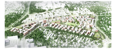 The development of Kera will start south of the railway line, around Keran Hallit. Picture: Arkkitehtitoimisto B&M Oy.