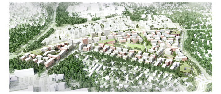The development of Kera will start south of the railway line, around Keran Hallit. Picture: Arkkitehtitoimisto B&M Oy.