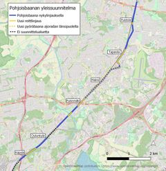 Pohjoisbaanan linjaus kartalla.
