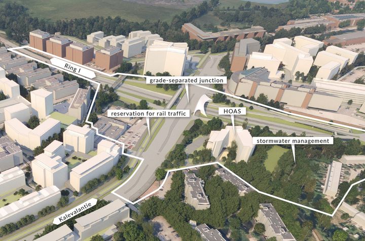 The planning area is located at the junction of Ring I, Kalevalantie and Maarintie. The picture shows the interchange over Ring I, the pedestrian and cycling bridge and the wooden block of flats planned for the Hopealehto park. Image: Sarc Architects, image editing City of Espoo.