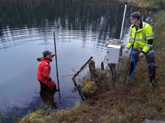 Pasi Toro (vedessä) tekee tarkistusmittausta veden korkeudesta ja Risto Mäkinen kalibroi. (kuva: Seija Kemppainen)