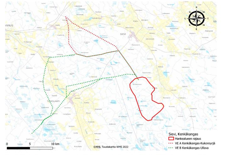 Kenkäkankaan tuulivoimapuiston hankealueen rajaus ja sijainti suhteessa Sievin kuntaan sekä sähkönsiirron esisuunnittelun vaihtoehdot.