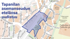 Uudistuva alue rajattuna kartalla. (Pohjakartta © Kaupunkimittauspalvelut, Helsinki 2019)