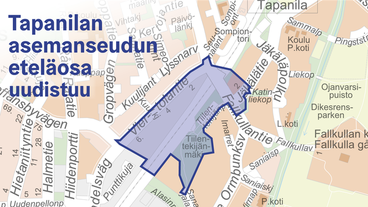 Uudistuva alue rajattuna kartalla. (Pohjakartta © Kaupunkimittauspalvelut, Helsinki 2019)