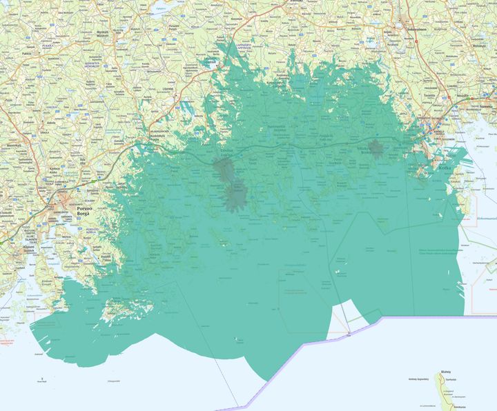 Kuvassa vaaleampi vihreä väri kuvaa normaalia 4G-/5G-peruspeittoa, ja tummempi vihreä erityisen nopeaa, 3,5 GHz:n taajuudella toimivaa 5G-verkkoa.