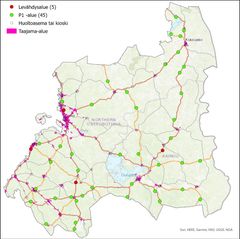 Kuva 1. Pohjois-Pohjanmaan ELY-keskuksen alueen tienvarsipalveluiden tavoiteverkon ydinverkko.