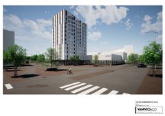 Ratikka kurvaa suunnitelmien mukaan tulevaisuudessa aivan S-marketin edestä. Havainnekuva on nykyisen Salen suunnalta. Kuva: YIT Suomi Oy / Arkkitehtuuritoimisto Vihanto & Co Oy.