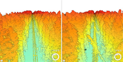 Vasemalla testirata LIDAR-skannattuna ennen puita linjoilla,  oikealla häiriöiden kanssa.